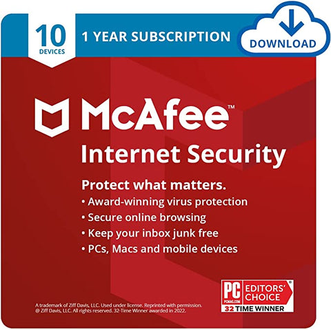 MCAFEE INTERNET SECURITY 2022 - 1 YEAR SUBSCRIPTION FOR 10 DEVICES - DOWNLOAD